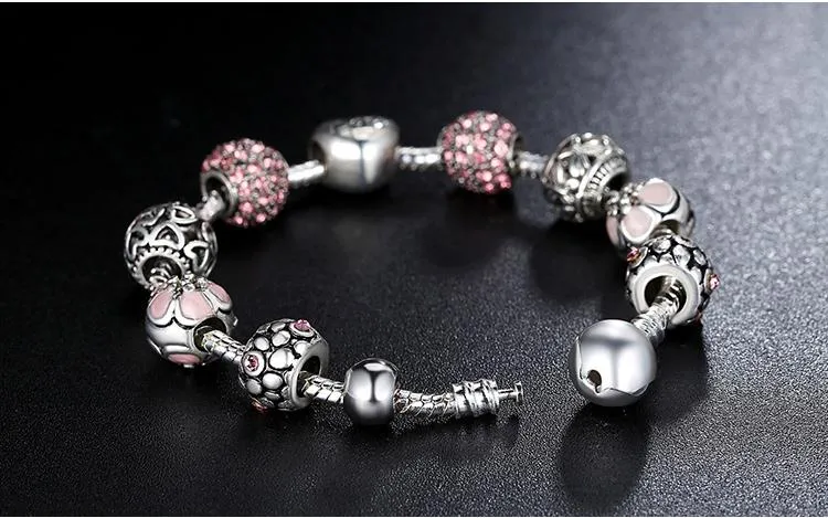 Crystal Ball Love &amp Flower Antique Silver Charm Bracelet