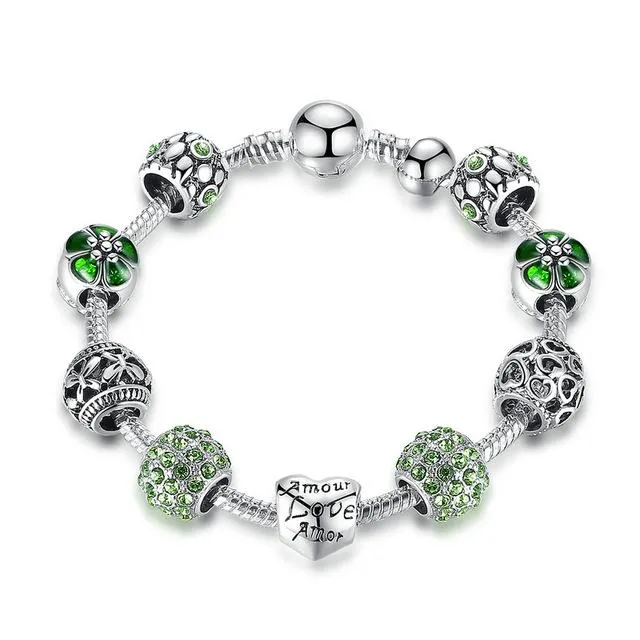 Crystal Ball Love &amp Flower Antique Silver Charm Bracelet