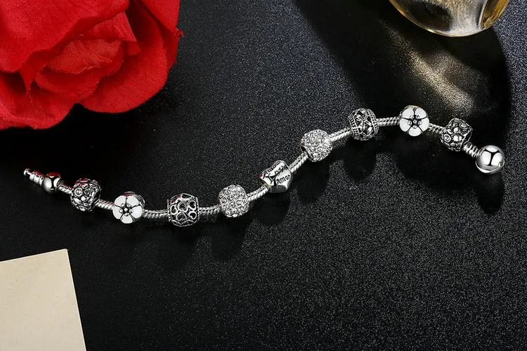 Crystal Ball Love &amp Flower Antique Silver Charm Bracelet