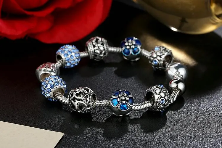 Crystal Ball Love &amp Flower Antique Silver Charm Bracelet