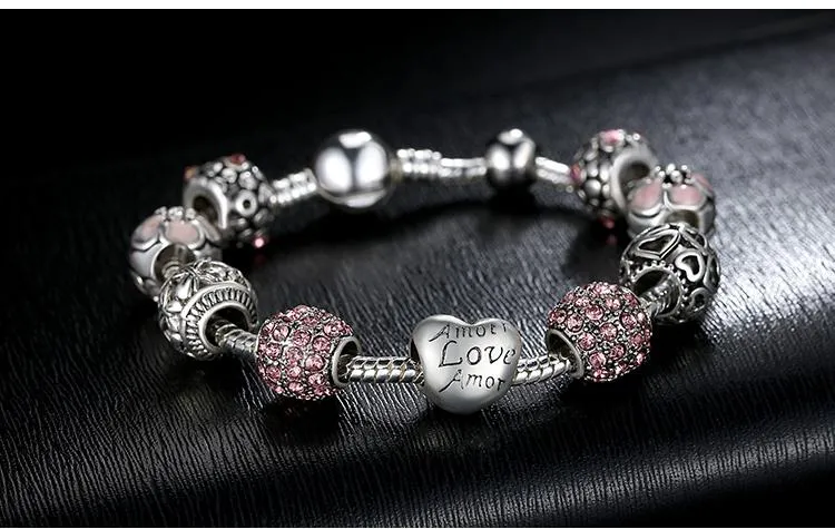 Crystal Ball Love &amp Flower Antique Silver Charm Bracelet