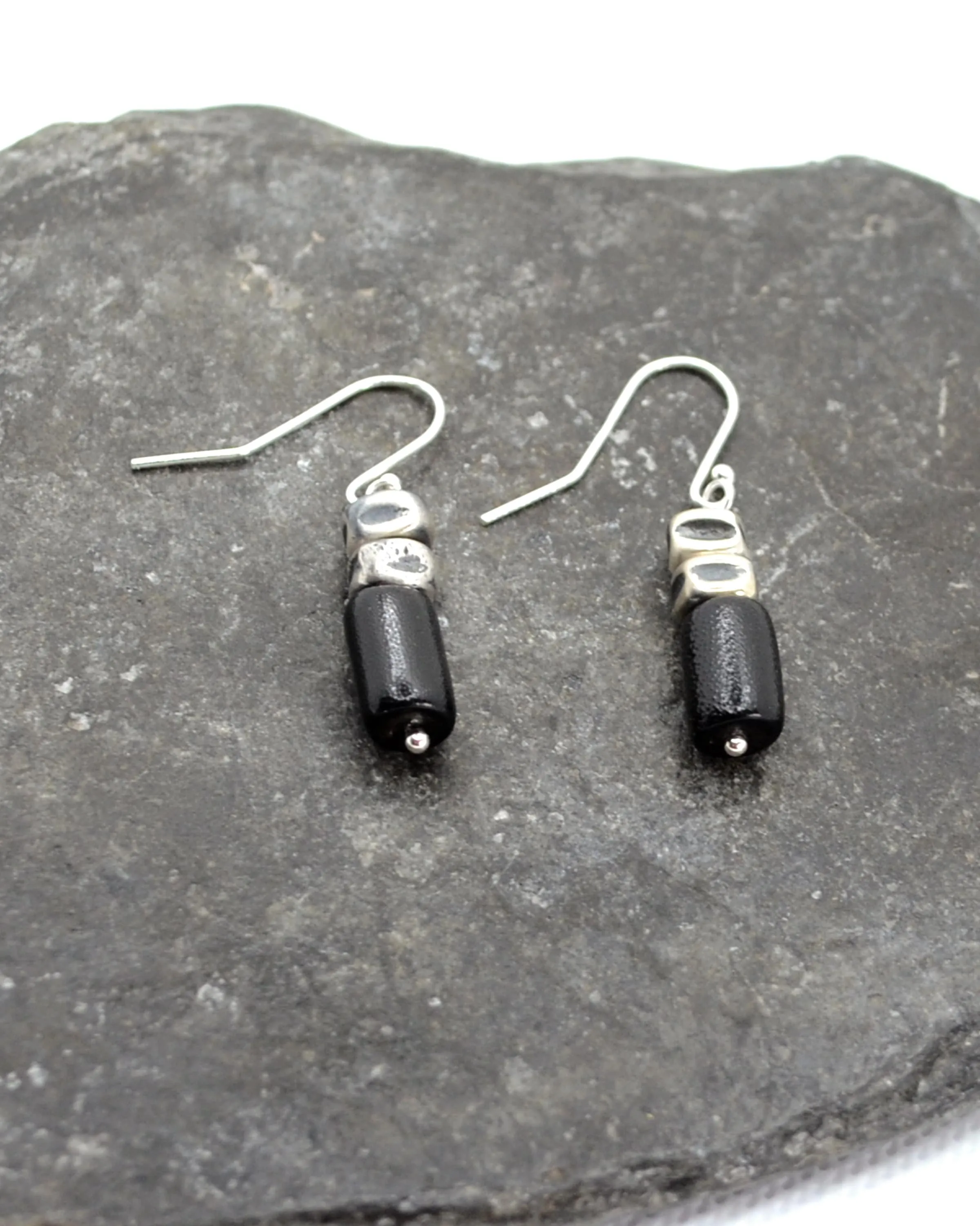 Dainty black coral and silver earrings, raw oxidised sterling silver minimalist earrings