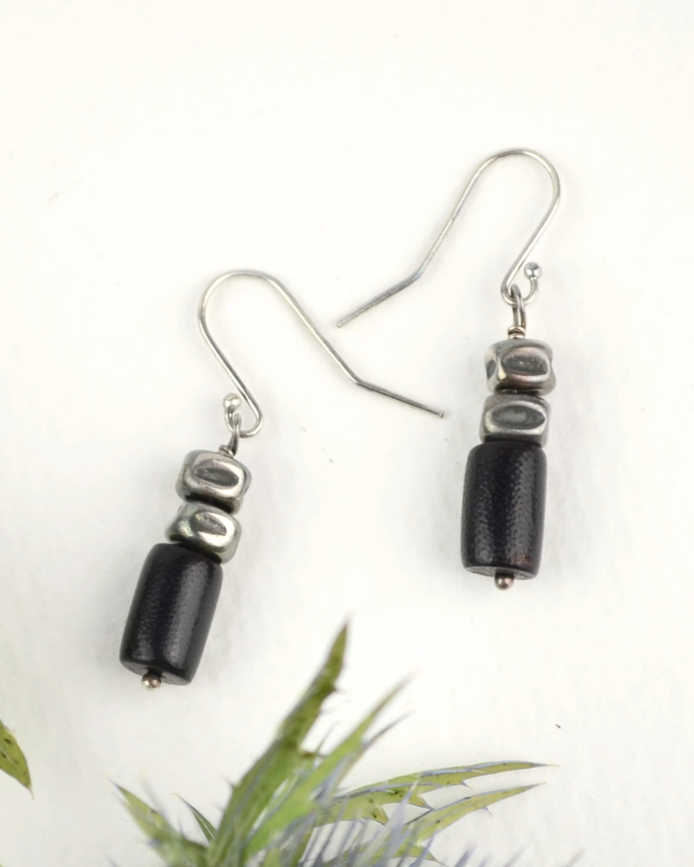 Dainty black coral and silver earrings, raw oxidised sterling silver minimalist earrings