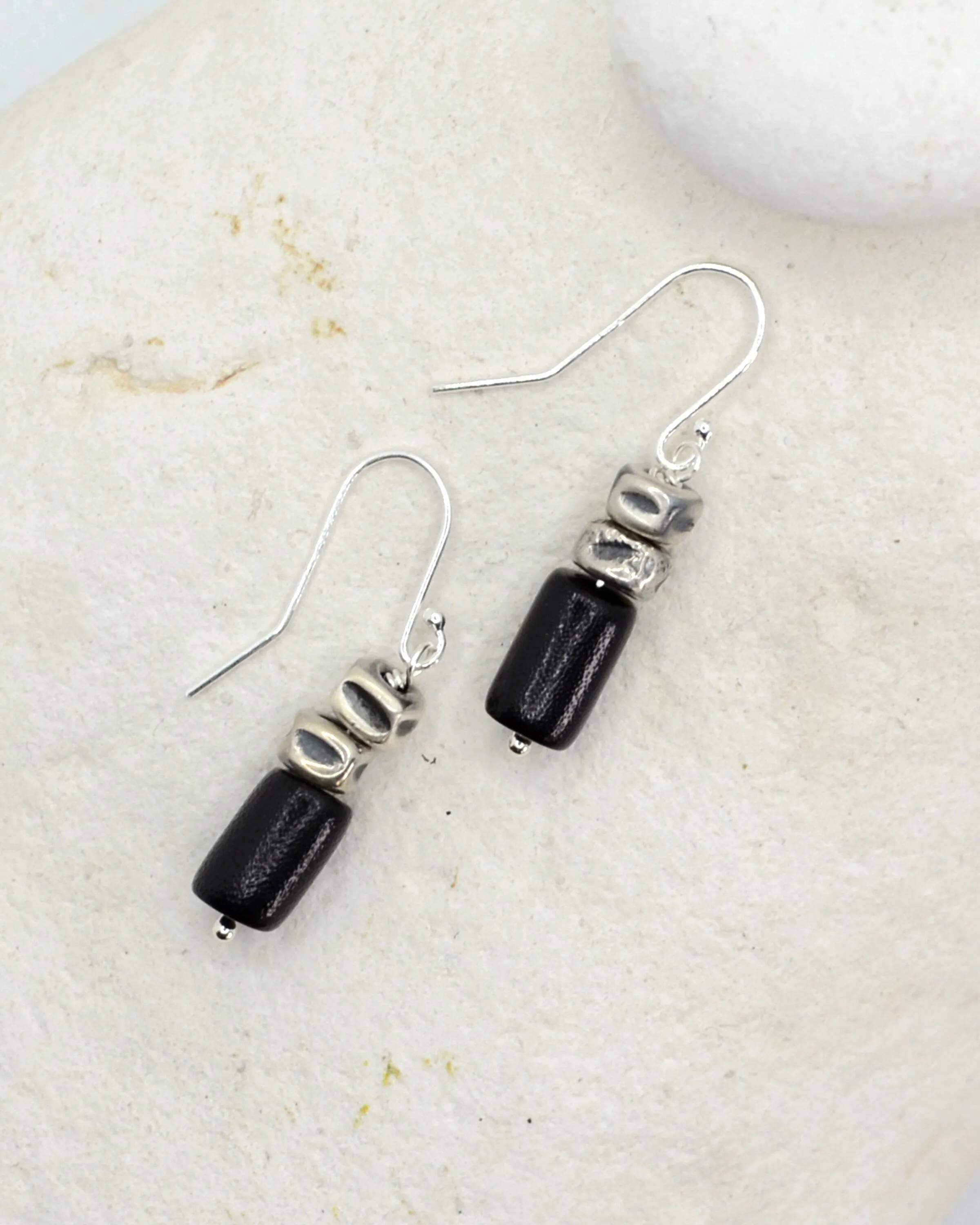 Dainty black coral and silver earrings, raw oxidised sterling silver minimalist earrings