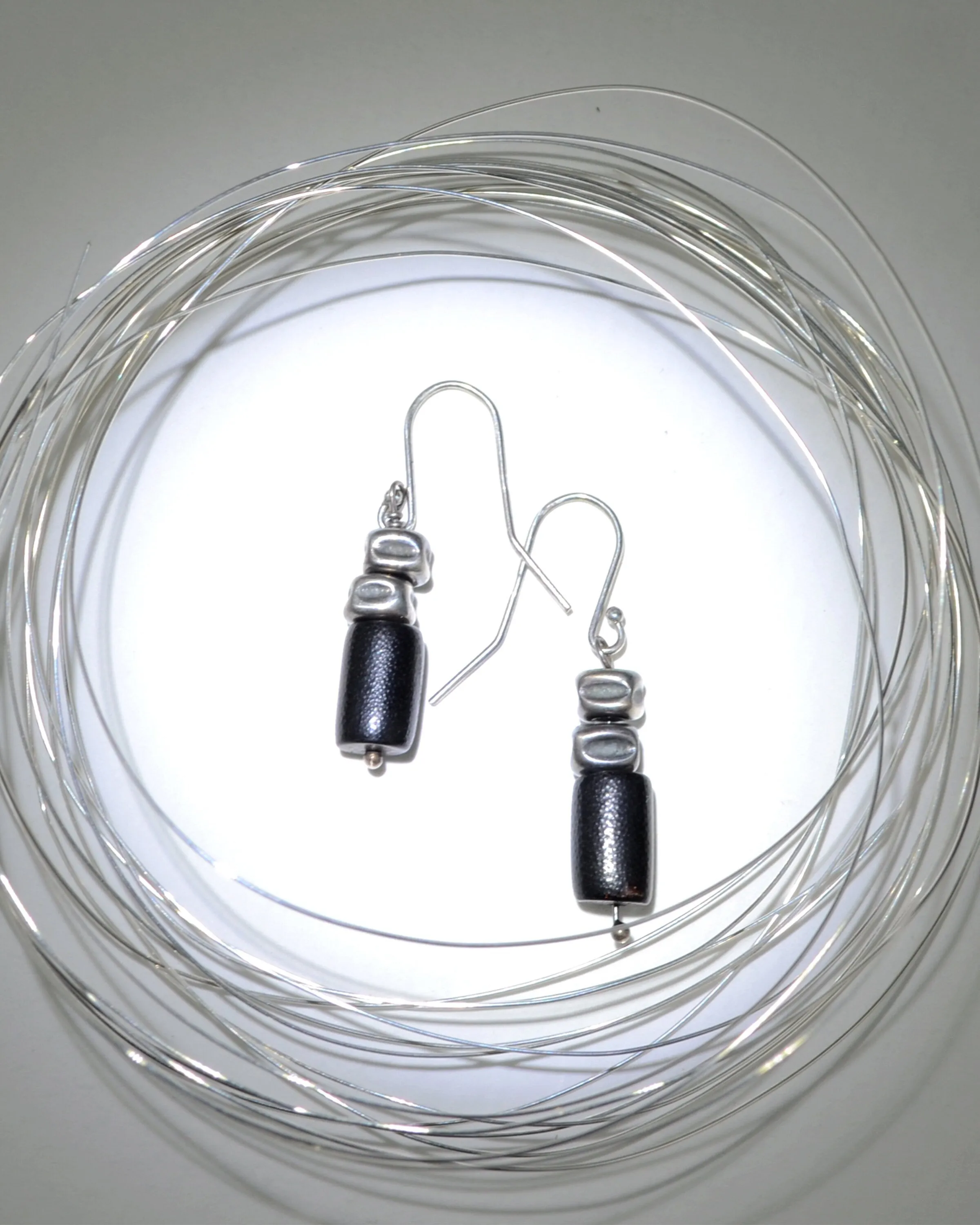 Dainty black coral and silver earrings, raw oxidised sterling silver minimalist earrings