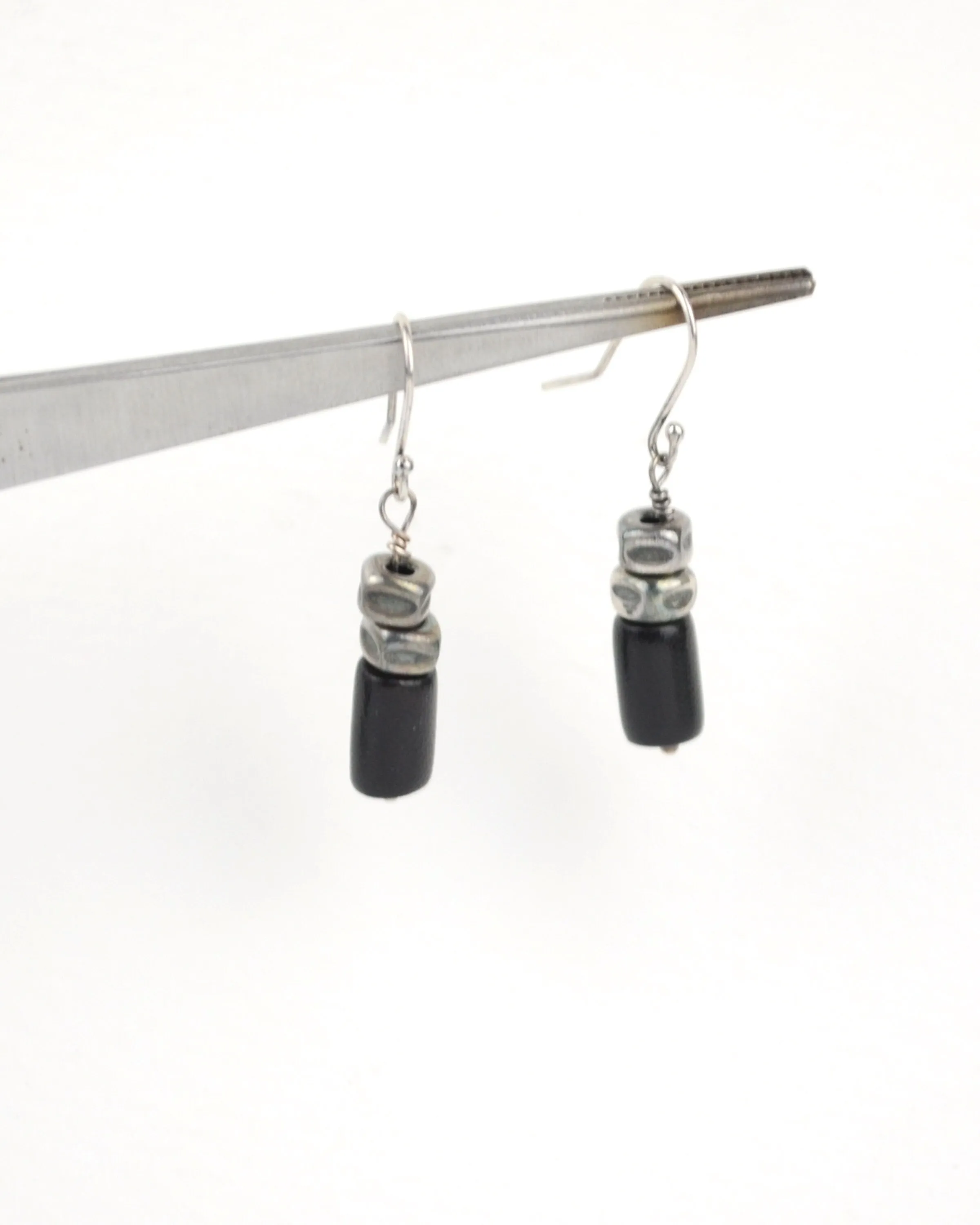 Dainty black coral and silver earrings, raw oxidised sterling silver minimalist earrings