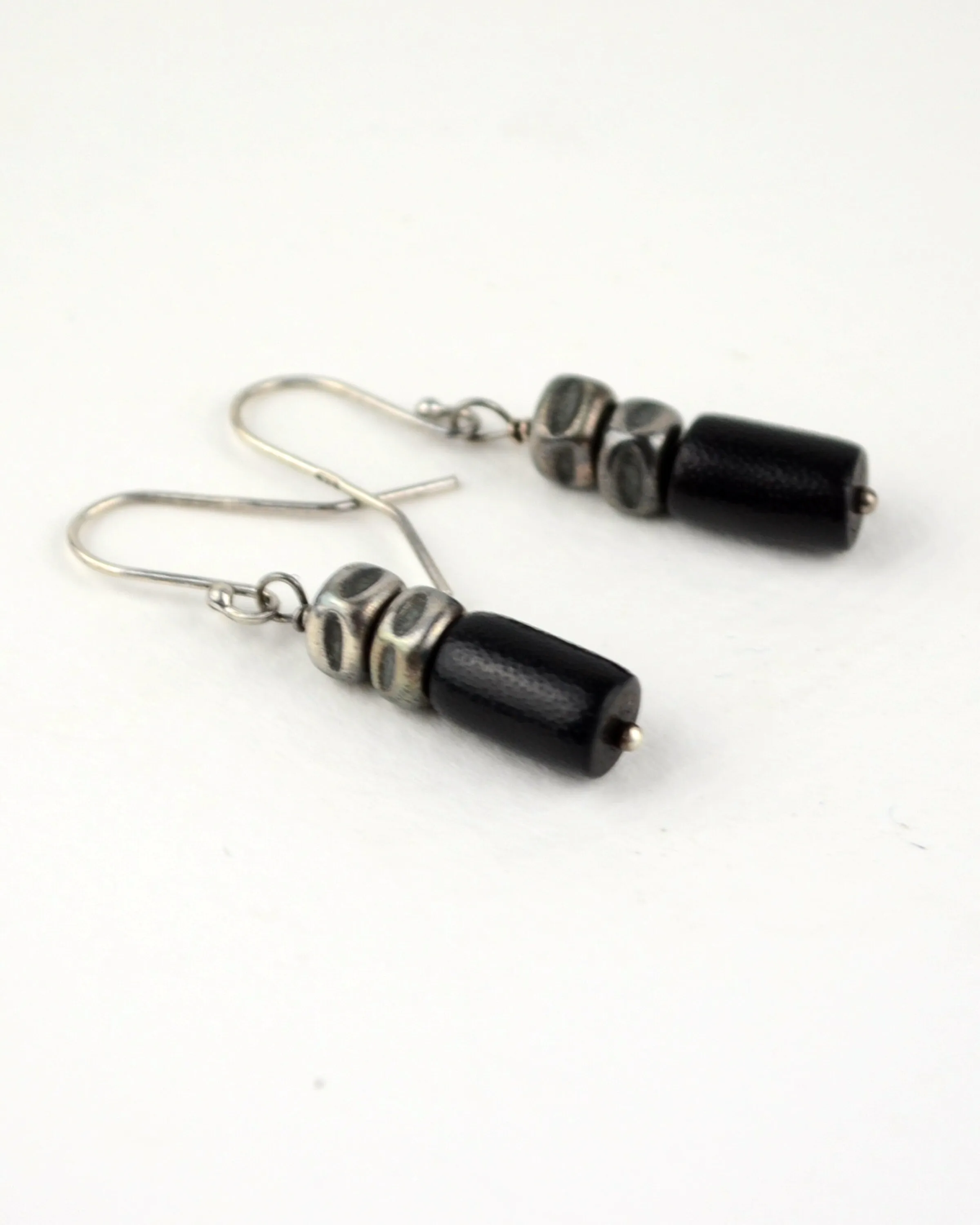 Dainty black coral and silver earrings, raw oxidised sterling silver minimalist earrings