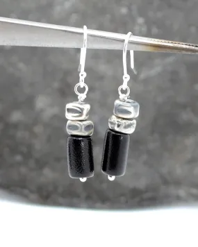 Dainty black coral and silver earrings, raw oxidised sterling silver minimalist earrings