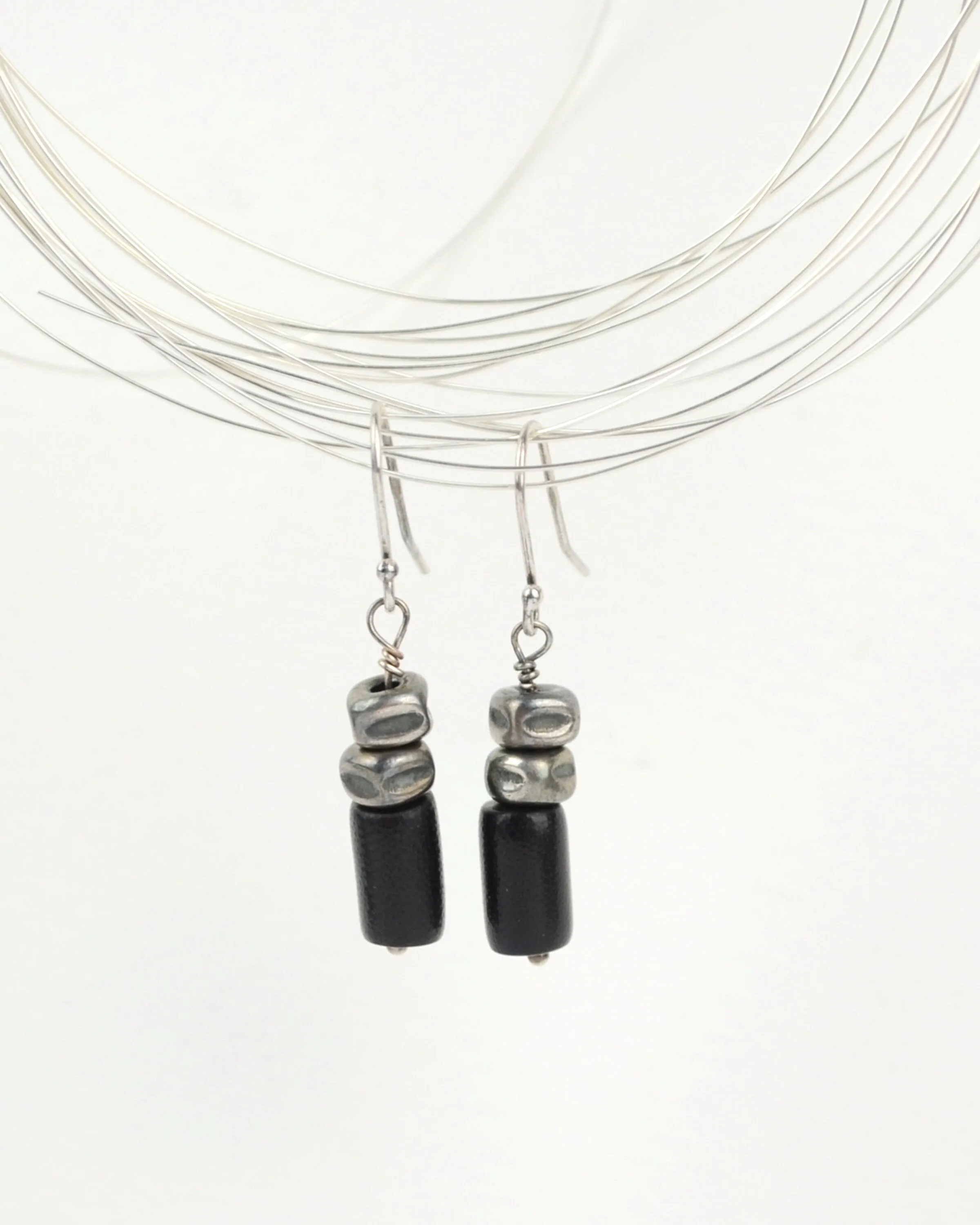 Dainty black coral and silver earrings, raw oxidised sterling silver minimalist earrings