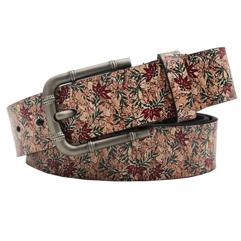 Decorated Red Maples Printed Leather Belt