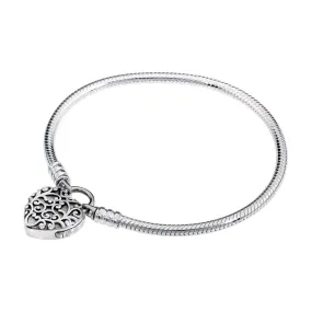 Detailed Heart Padlock Silver Bracelet