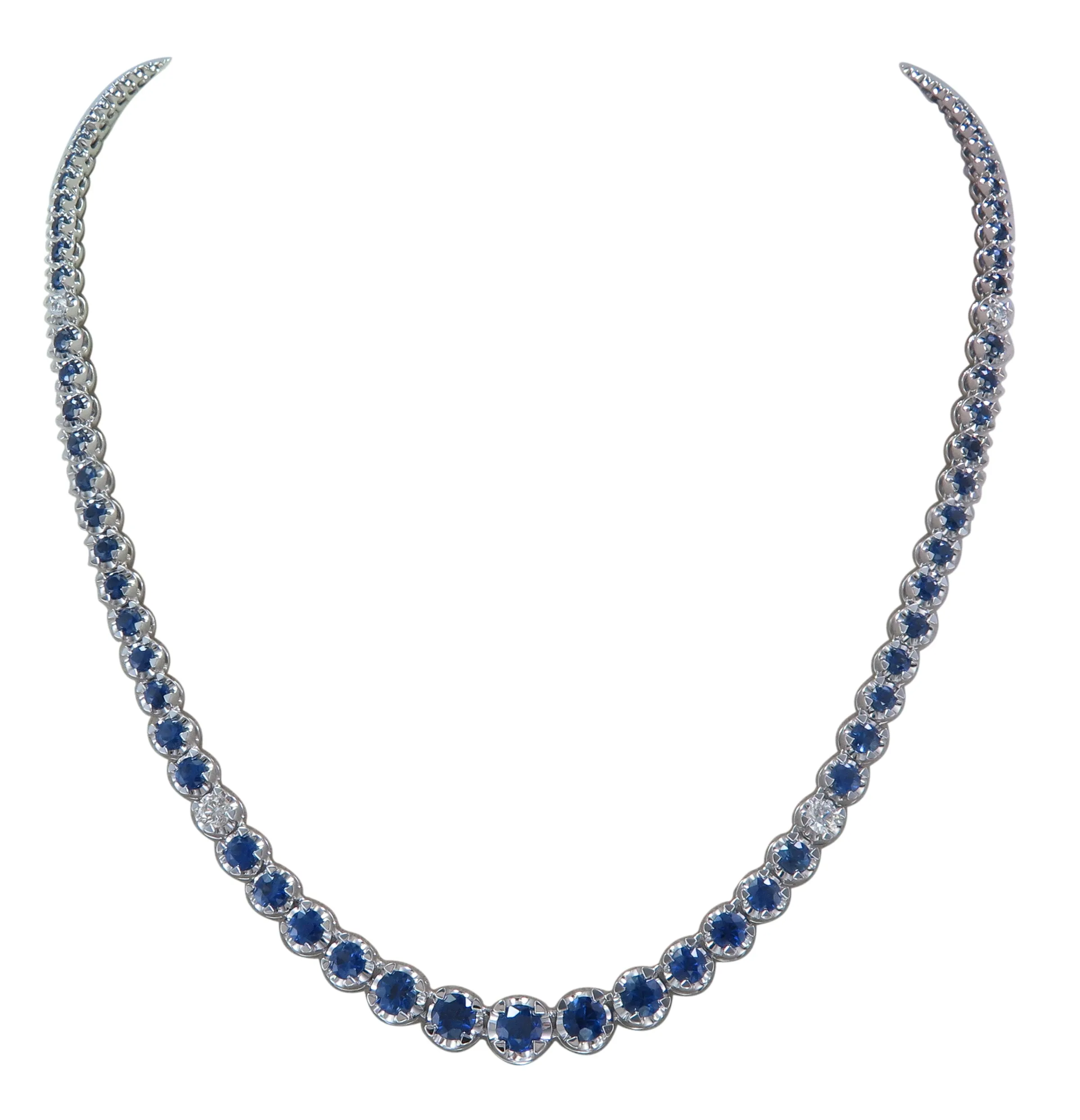 Diamond & Royal Blue Sapphire Tennis Riviera Gradual Statement Necklace 8.66ct t.w.