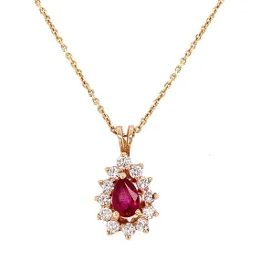 Diamond Halo Ruby Pear Pendant Necklace