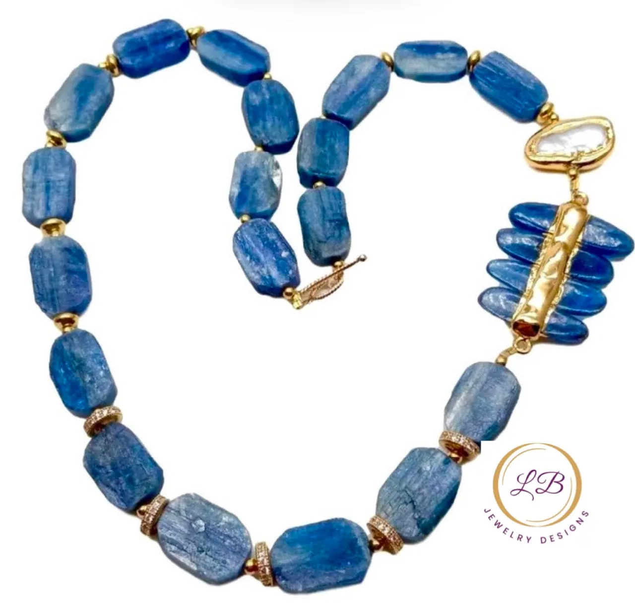 Distinctive Blue Kyanite Gemstones and Biwa Pearls Gold Statement Necklace 21”