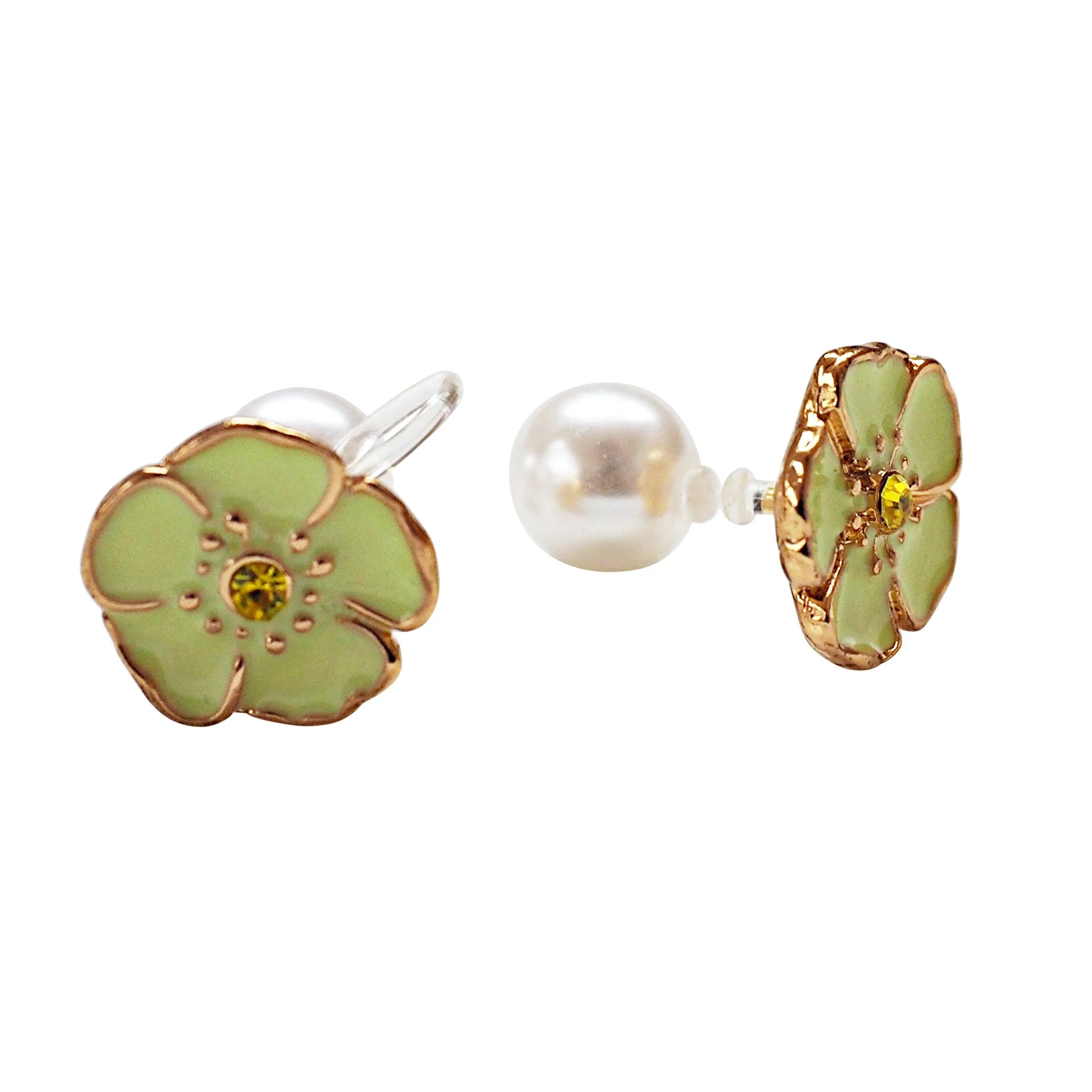 Double-Sided Green Flower and Pearl Invisible Clip On Earrings