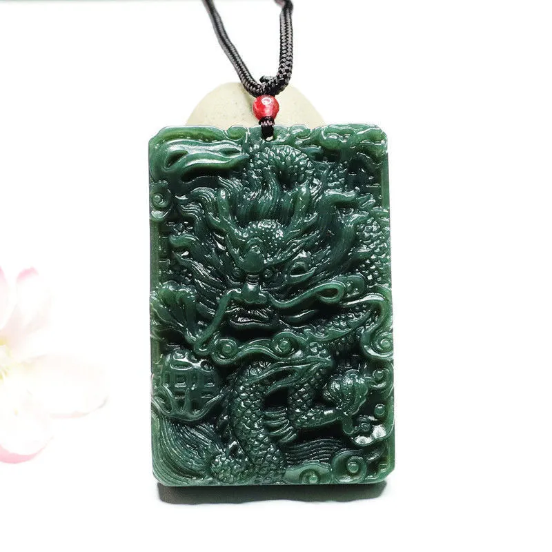 Dragon and Phoenix Double-sided Carved Green Jade Necklace