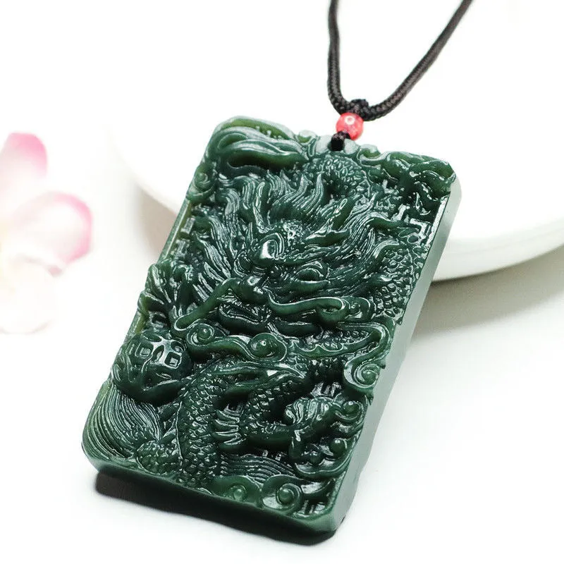 Dragon and Phoenix Double-sided Carved Green Jade Necklace