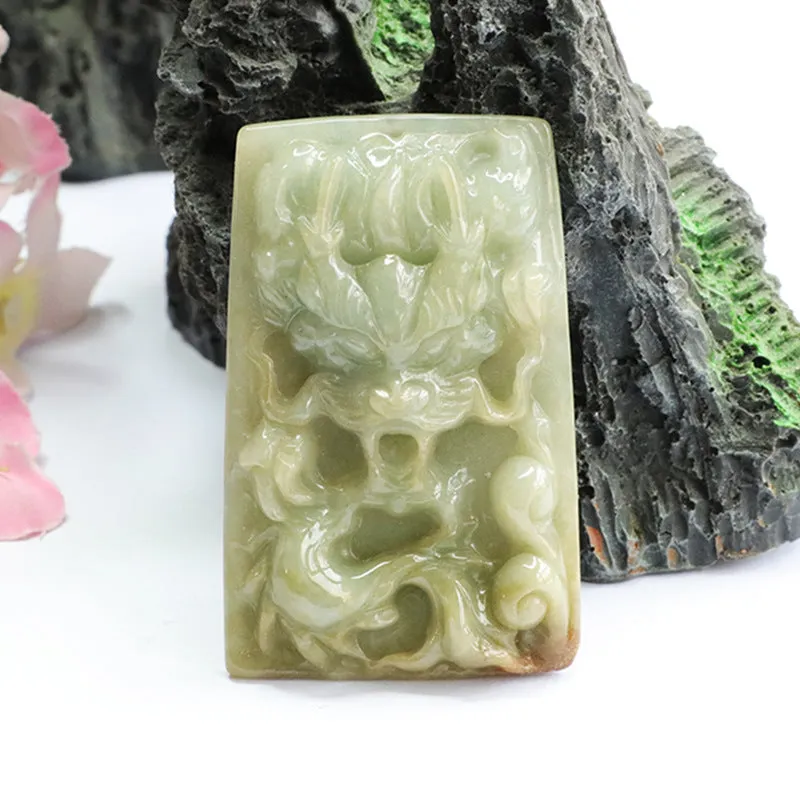 Dragon Carved Yellow Burmese Jade Pendant Sterling Silver Fortune's Favor