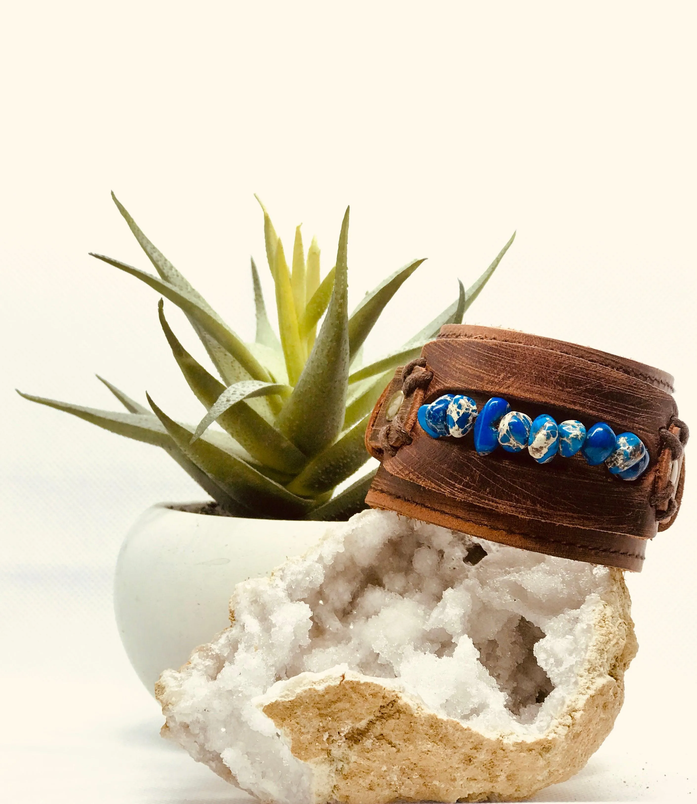 Dusty Leather Cuff with Navy Blue Regalite Gemstone Chunks