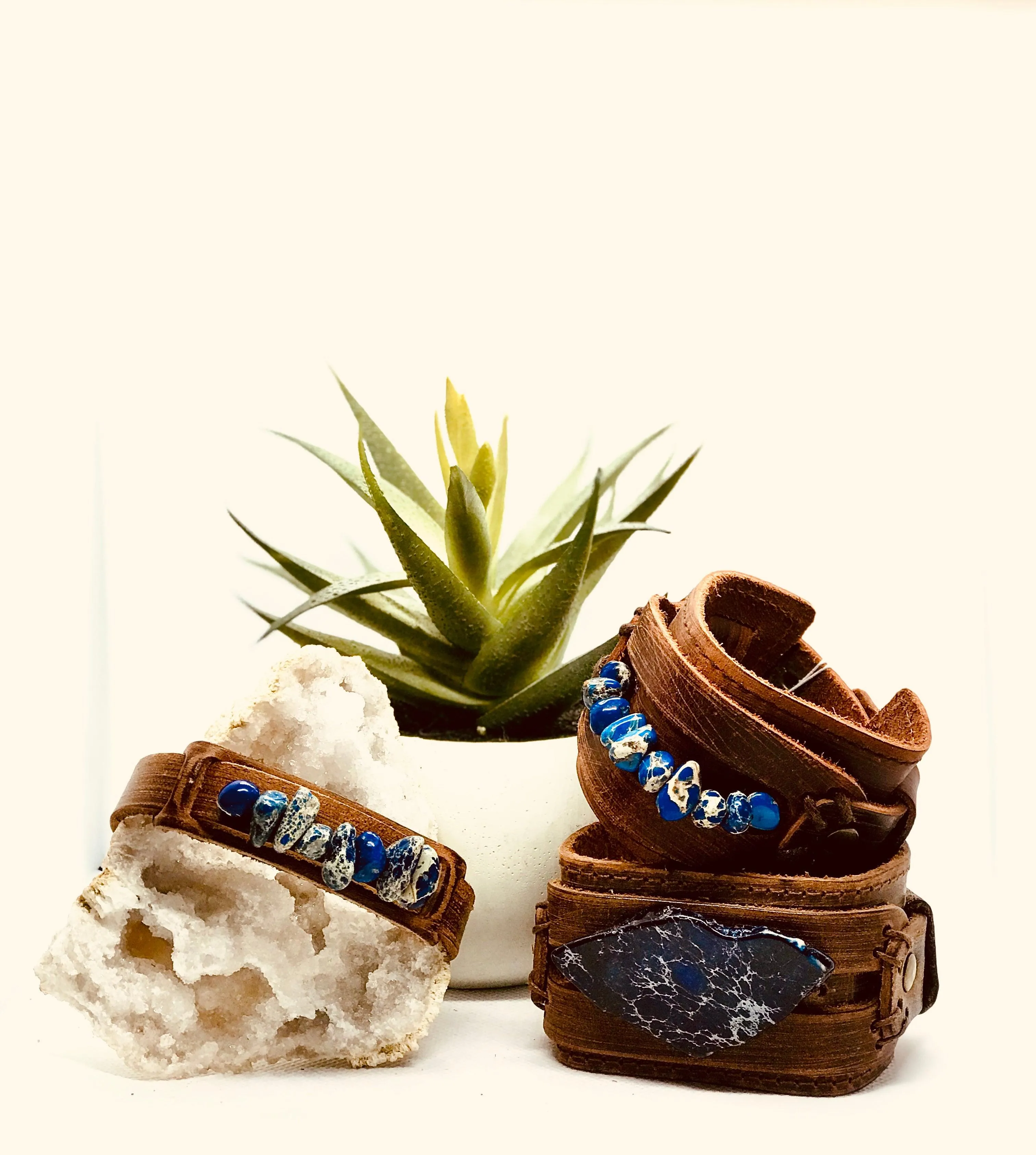 Dusty Leather Cuff with Navy Blue Regalite Gemstone Chunks