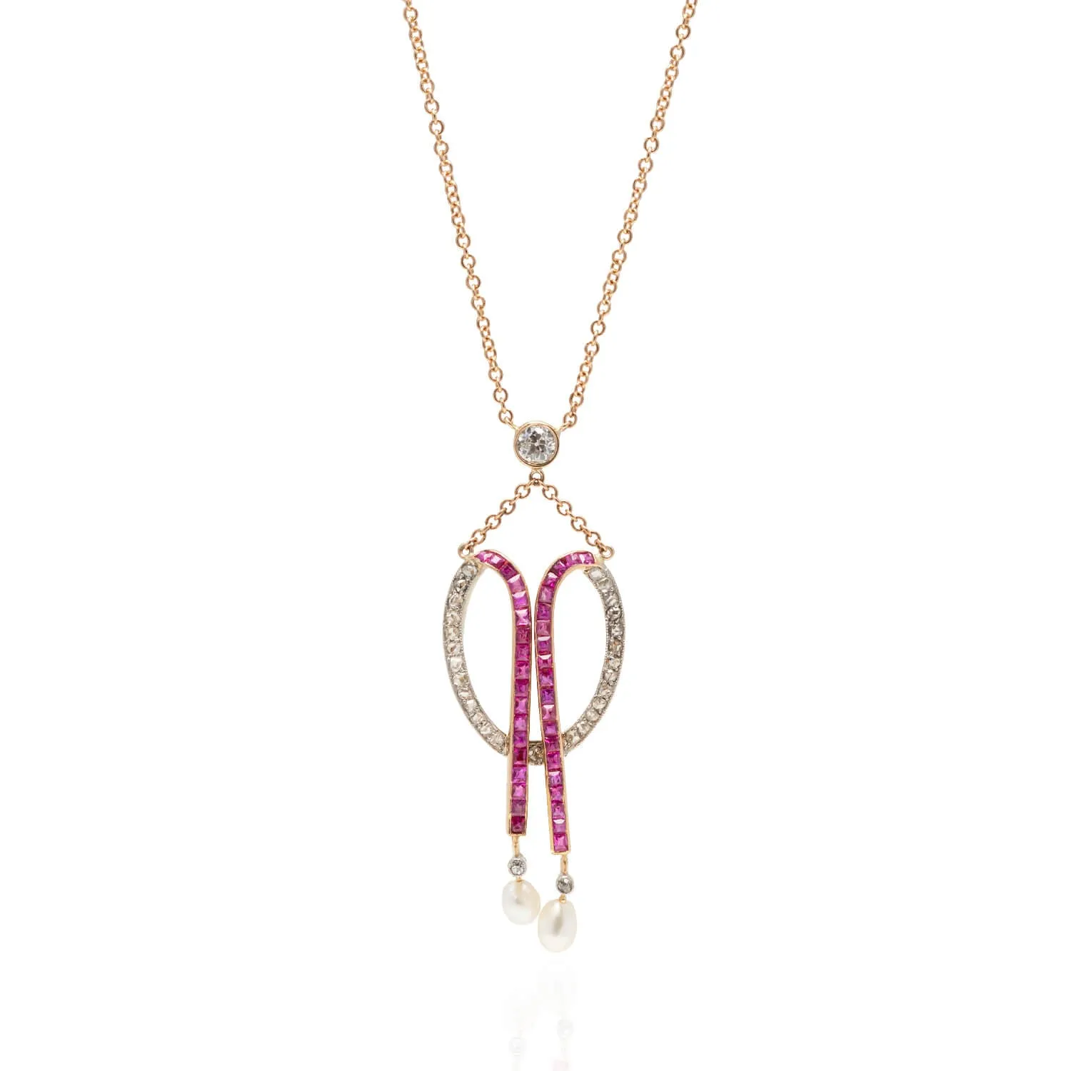 Edwardian 18kt/Platinum Diamond, Calibrated Ruby   Natural Pearl Necklace