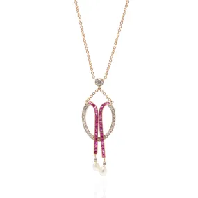 Edwardian 18kt/Platinum Diamond, Calibrated Ruby   Natural Pearl Necklace