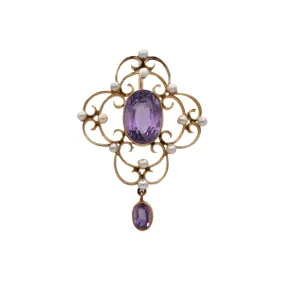 Edwardian English Amethyst and Seed Pearl 15ct Lavallière Pendant