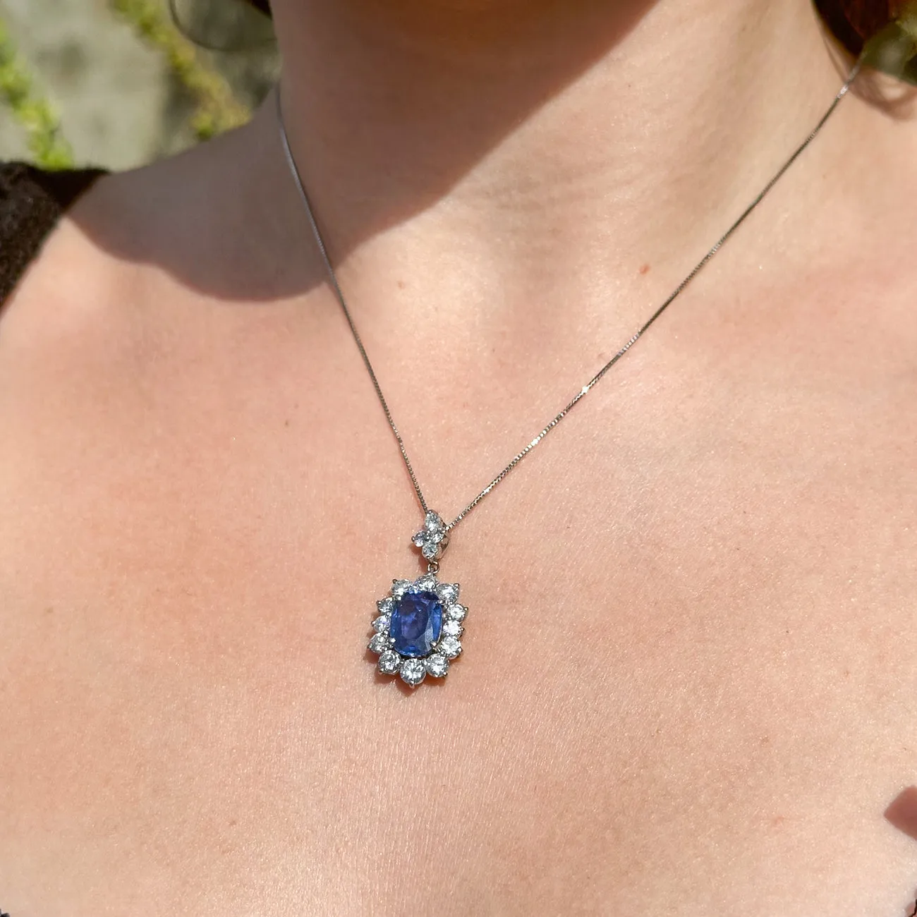 Edwardian Style Sapphire Diamond Pendant Necklace 2.91ct Sapphire