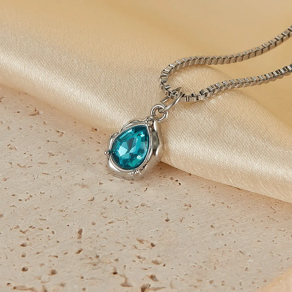 Elegant Women's Teardrop Pendant Necklace with Aquamarine Crystal - Silver Chain Jewelry