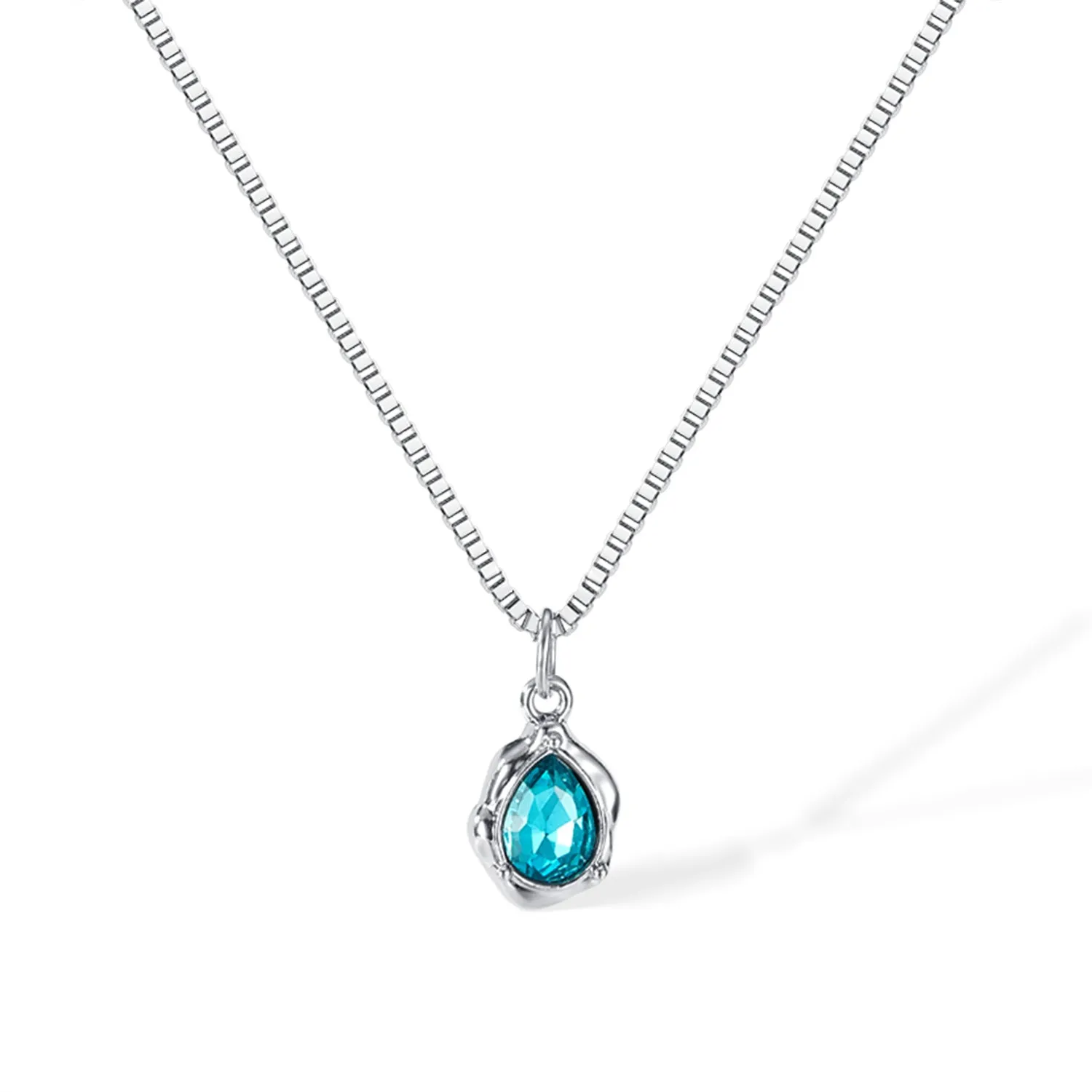 Elegant Women's Teardrop Pendant Necklace with Aquamarine Crystal - Silver Chain Jewelry