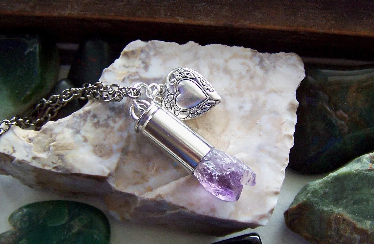 Elestial Amethyst Quartz Crystal Bullet Heart Jewelry Necklace