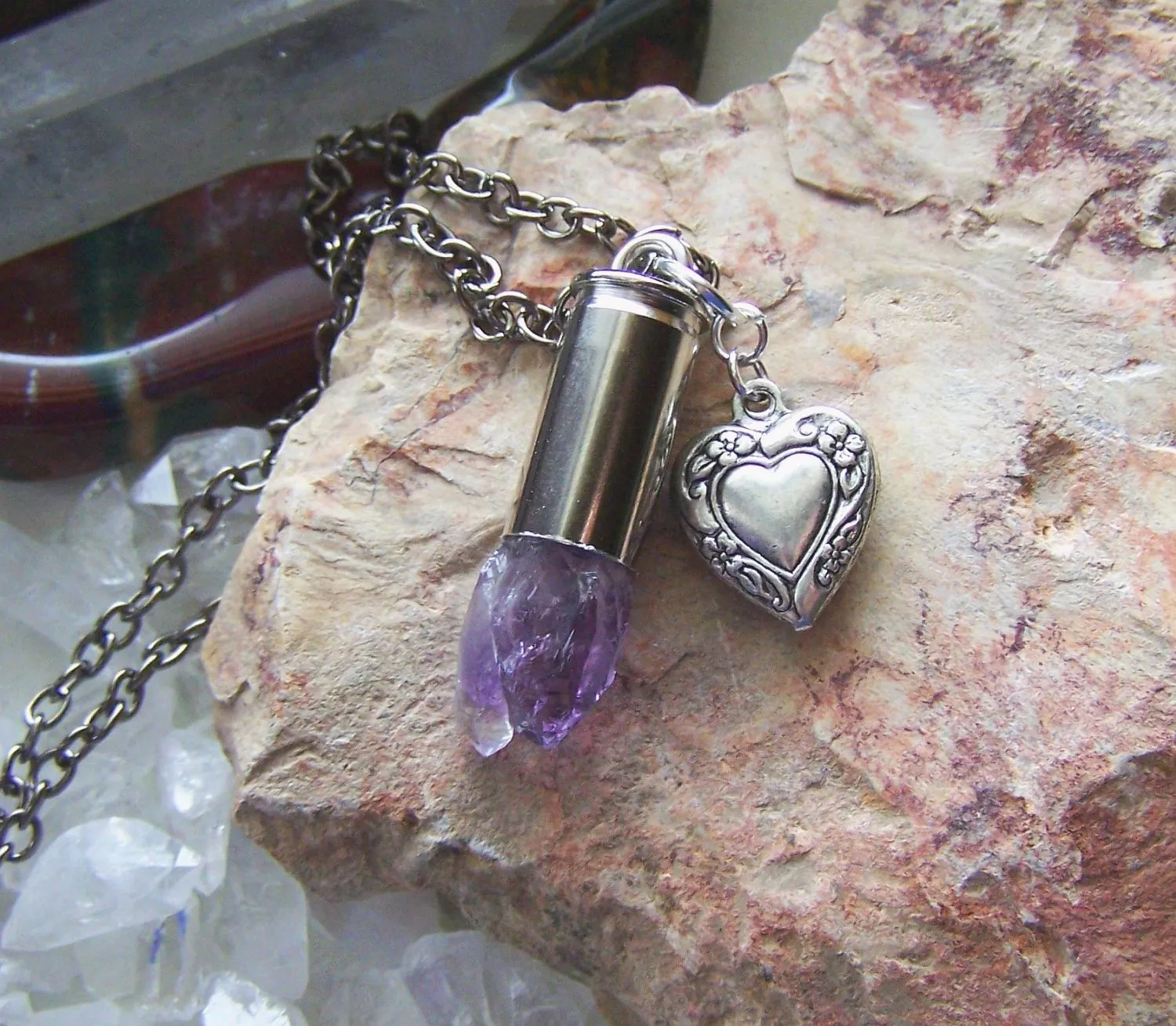 Elestial Amethyst Quartz Crystal Bullet Heart Jewelry Necklace