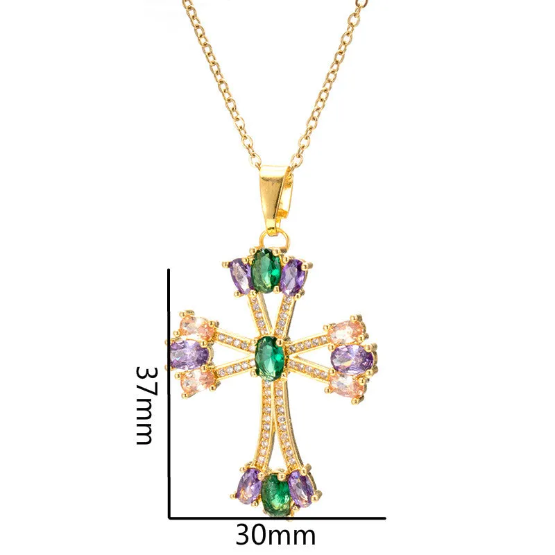 Emerald Amethyst Morganite CZ Cross Pendant Necklace