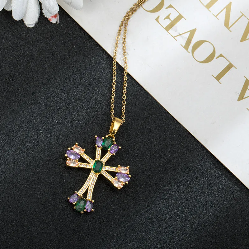 Emerald Amethyst Morganite CZ Cross Pendant Necklace