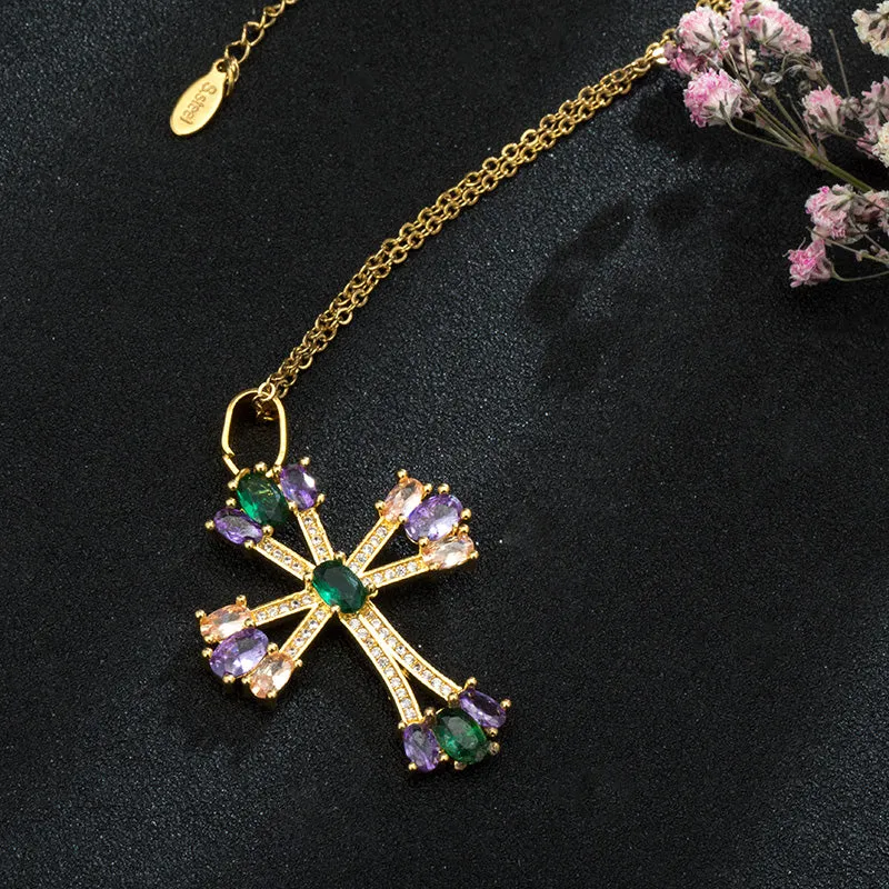 Emerald Amethyst Morganite CZ Cross Pendant Necklace