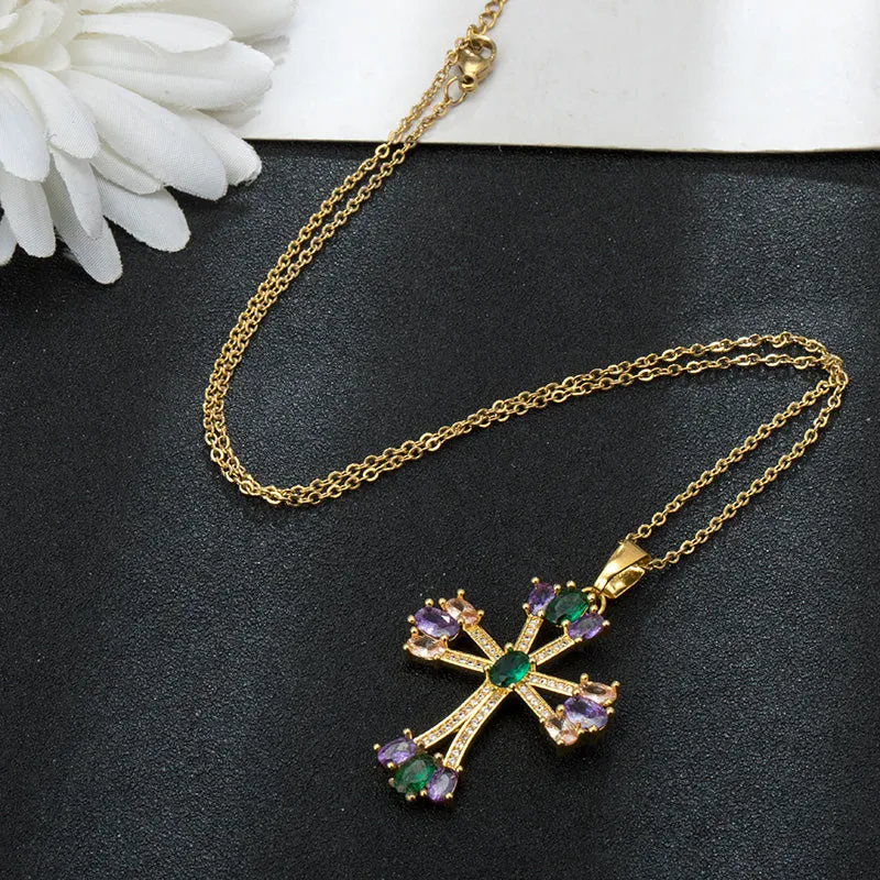 Emerald Amethyst Morganite CZ Cross Pendant Necklace