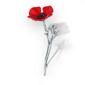 Enamel Silver Tone Poppy Brooch