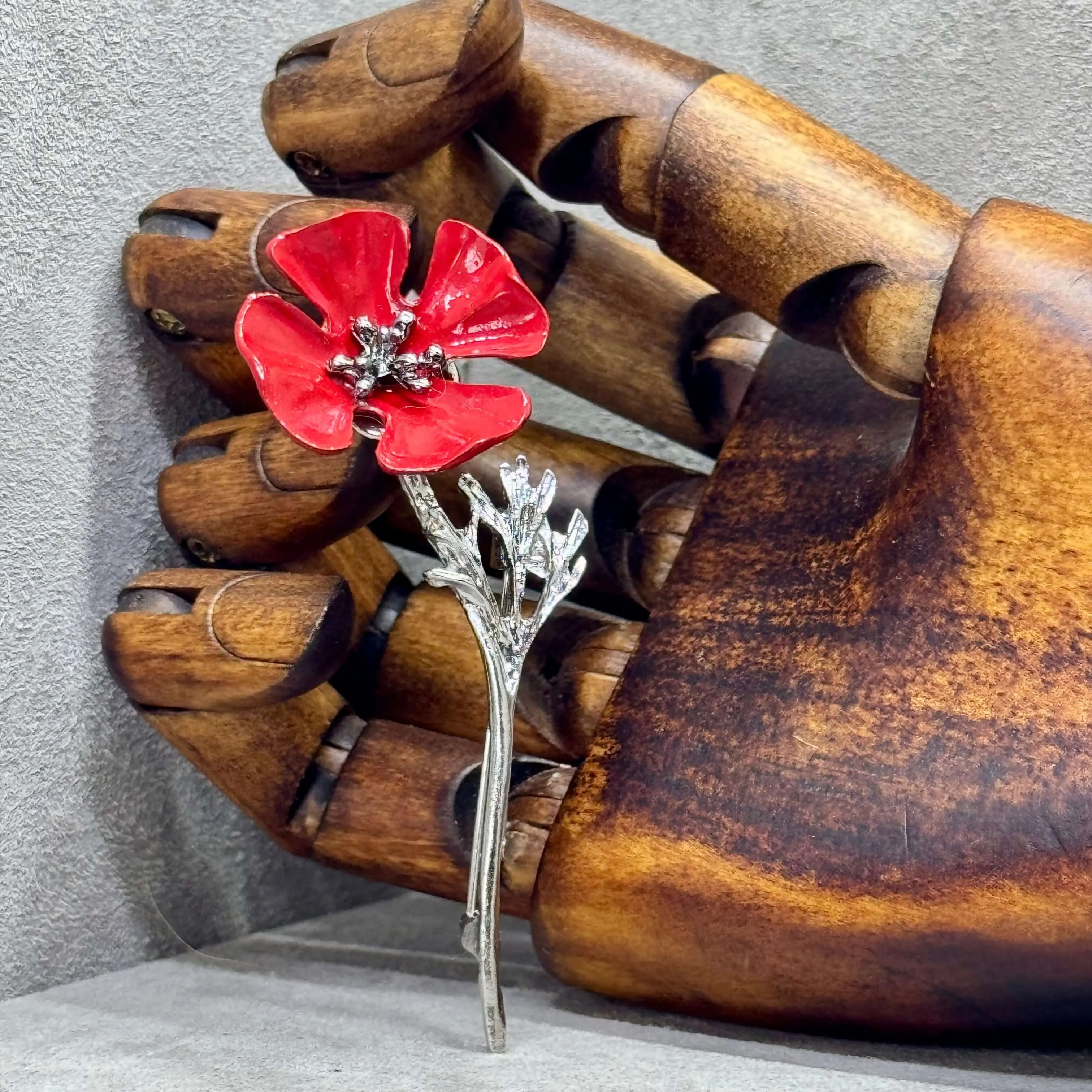 Enamel Silver Tone Poppy Brooch