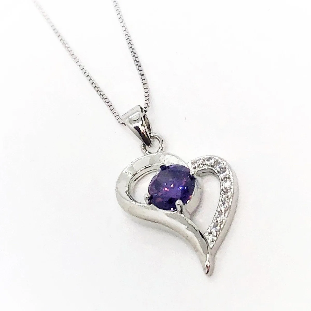 Exaggerated Silver Heart Purple Zirconia Necklace