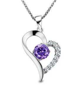 Exaggerated Silver Heart Purple Zirconia Necklace