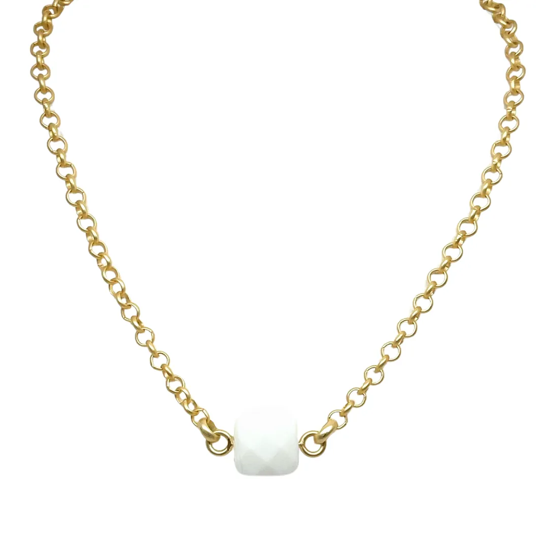 Faceted Square White Jade on Rolo Chain Necklace