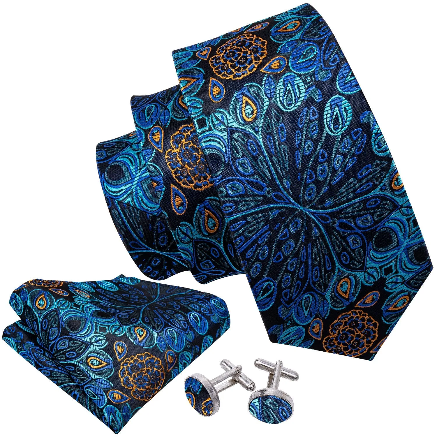 Fantastic Blue Floral Tie Handkerchief Cufflinks Set with Wedding Brooch