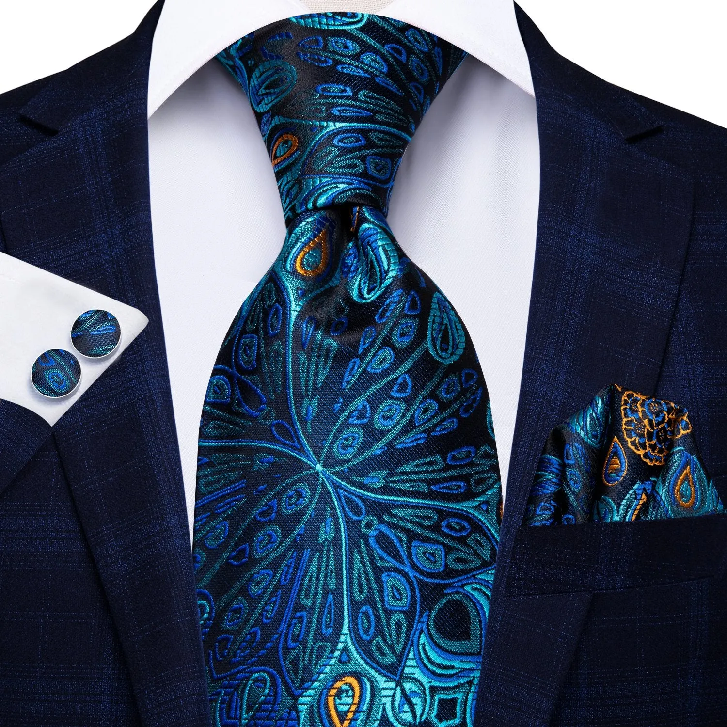 Fantastic Blue Floral Tie Handkerchief Cufflinks Set with Wedding Brooch