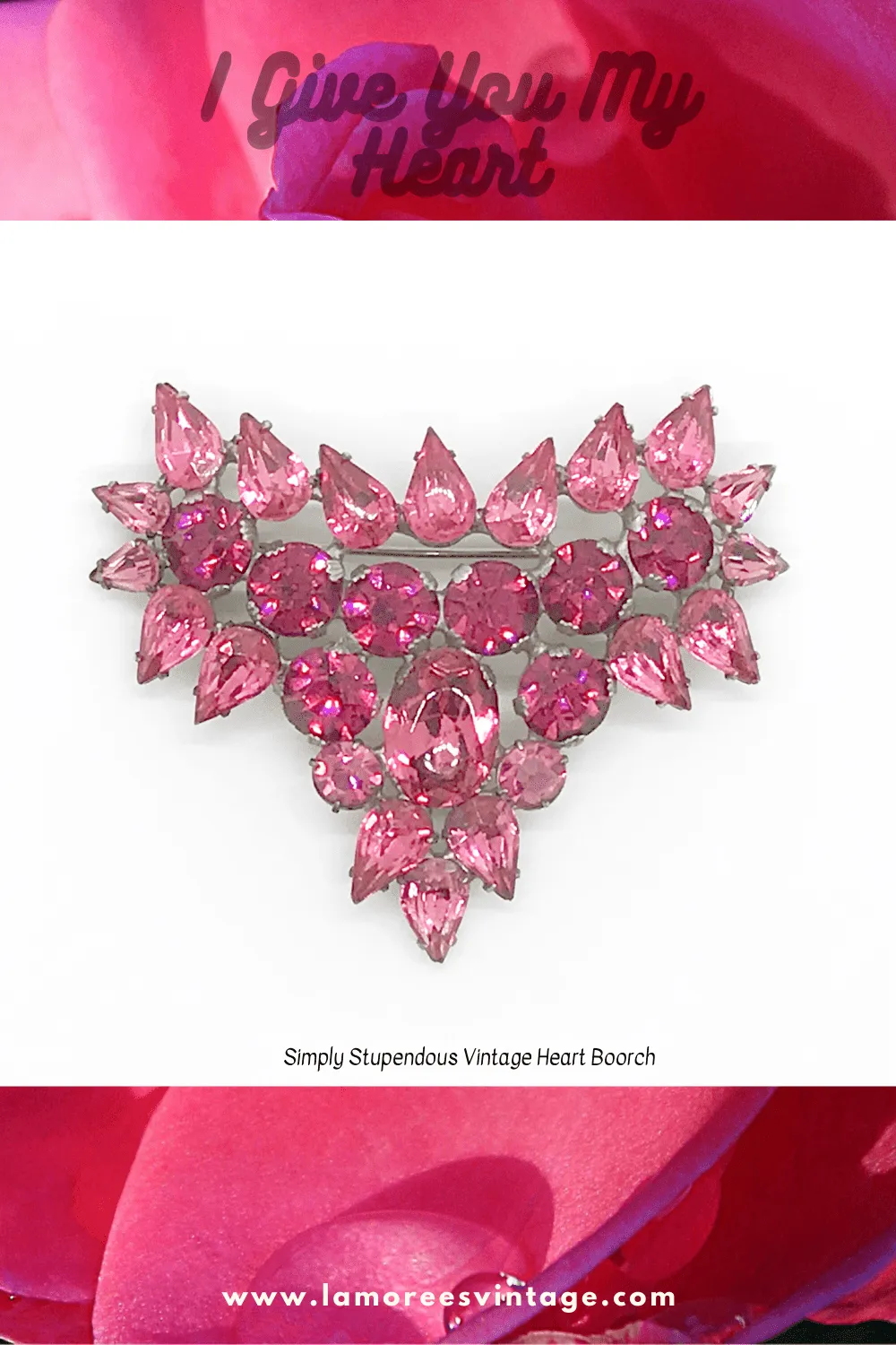 Fantastic Hot Pink and Red Heart Vintage Rhinestone Brooch