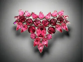 Fantastic Hot Pink and Red Heart Vintage Rhinestone Brooch