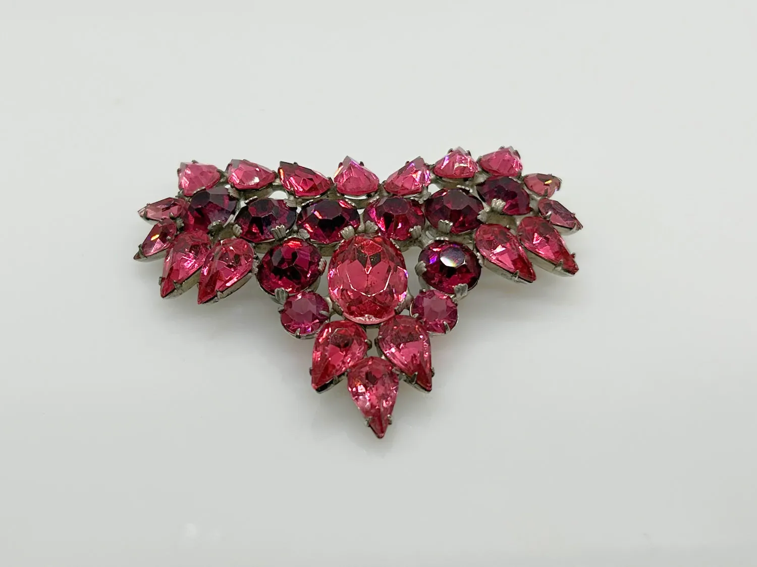 Fantastic Hot Pink and Red Heart Vintage Rhinestone Brooch