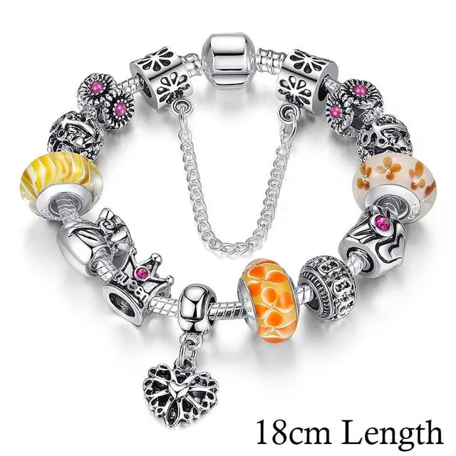 Fashion Jewelry Silver Charms Bracelet & Bangles With Queen Crown Beads Bracelet