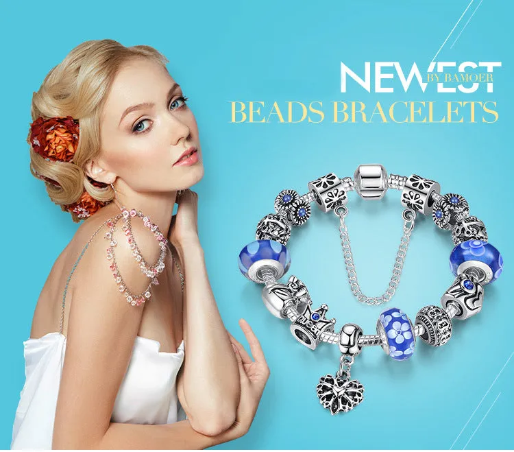 Fashion Jewelry Silver Charms Bracelet & Bangles With Queen Crown Beads Bracelet