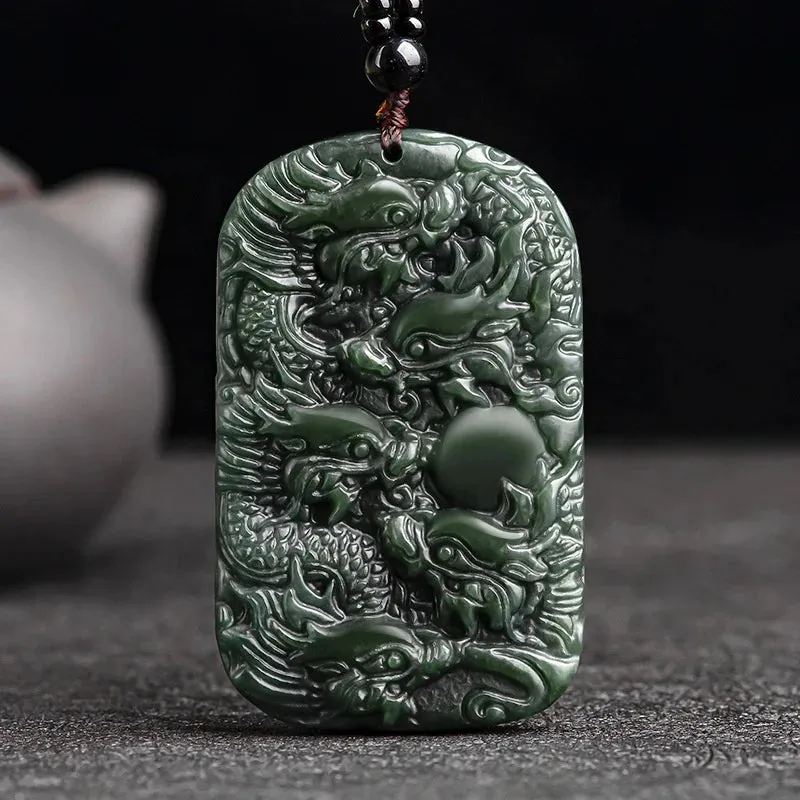 Genuine Natural Hotan Jade Kowloon Protector Pendant men's Necklace