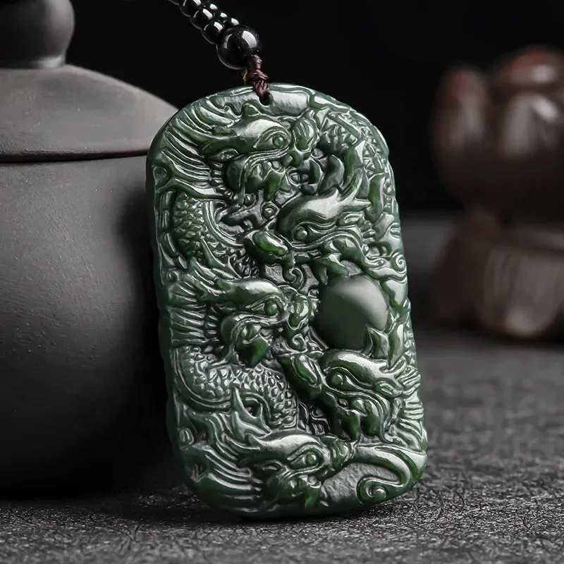 Genuine Natural Hotan Jade Kowloon Protector Pendant men's Necklace